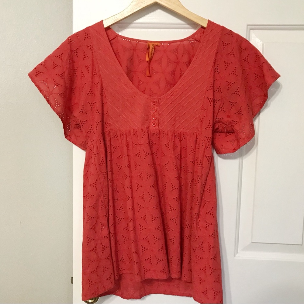 BCBGeneration coral red pink eyelet flutter sleeve blouse